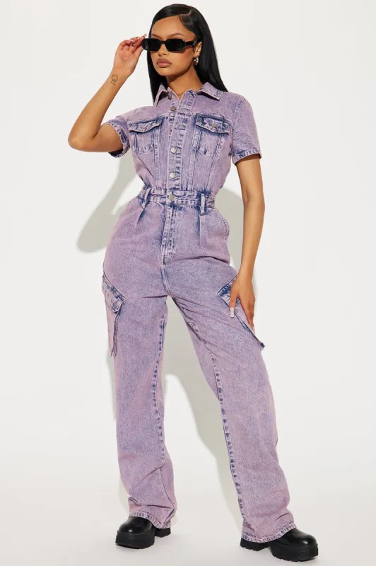 Break It Off Denim Jumpsuit - Pink/combo sold by Fashion Nova