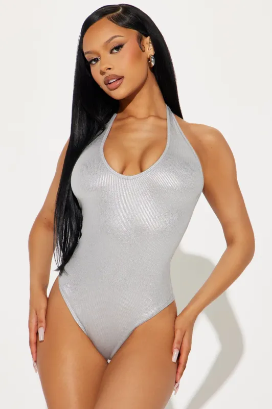 Back Like I Never Left Bodysuit - Silver sold by Fashion Nova