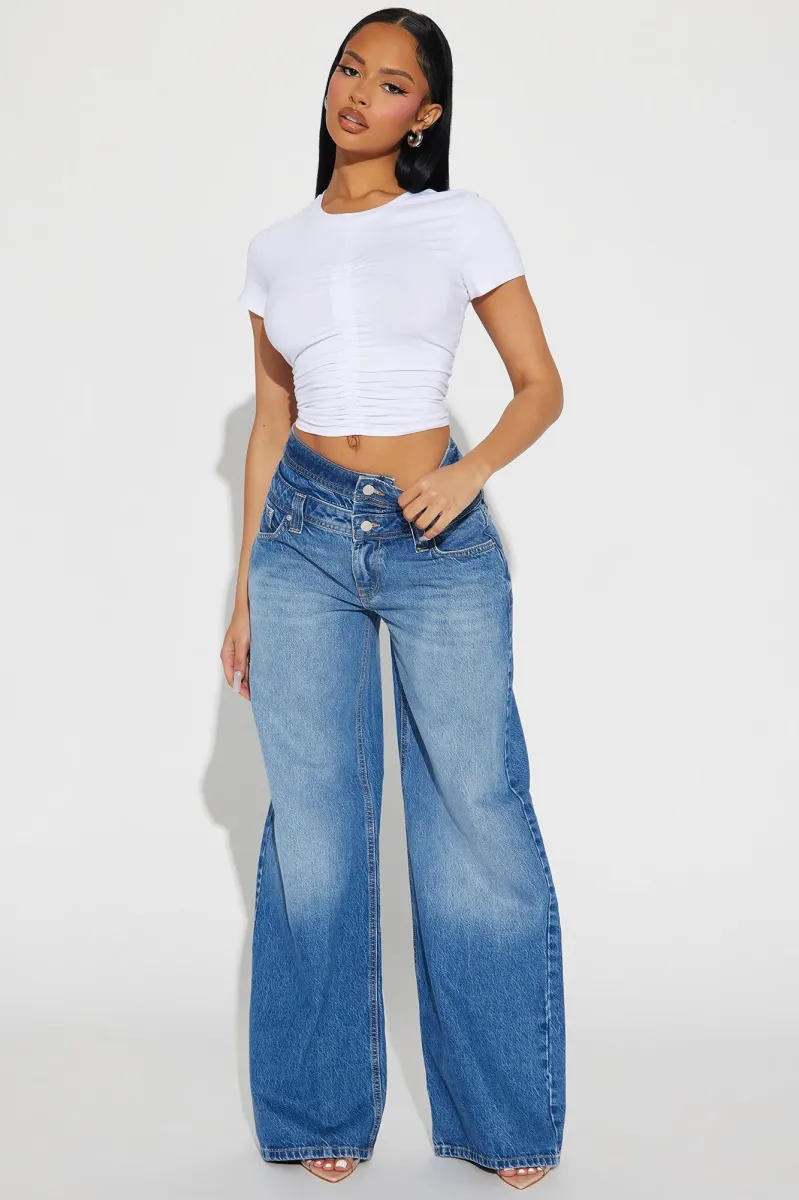Mutual Crush Double Waistband Wide Leg Jeans - Medium Wash sold by Fashion Nova