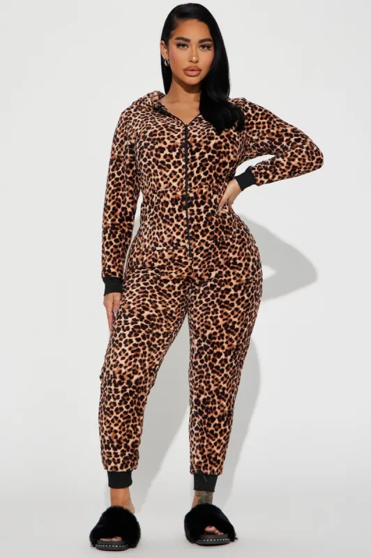 Getting Wild Fleece Hooded PJ Jumpsuit Onesie - Brown/combo sold by Fashion Nova