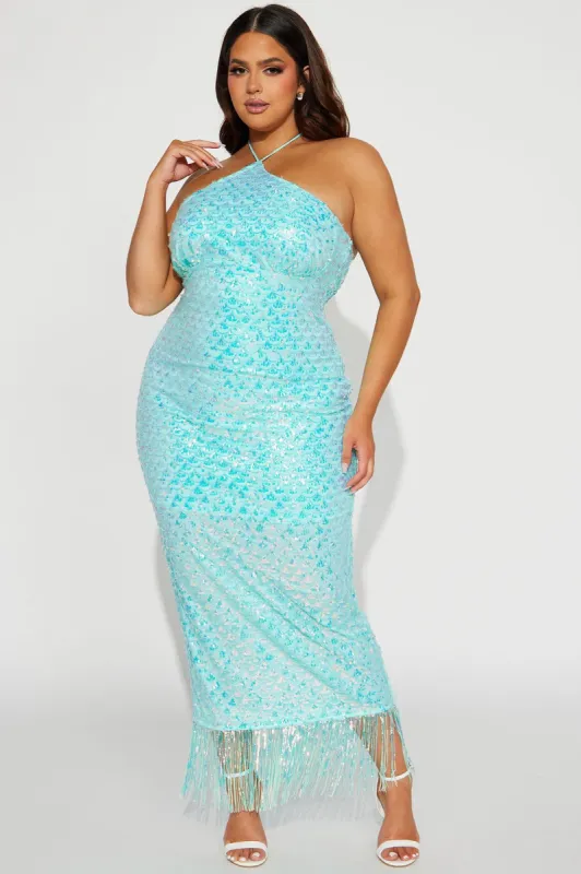 Vitamin Sea Sequin Maxi Dress - Aqua sold by Fashion Nova