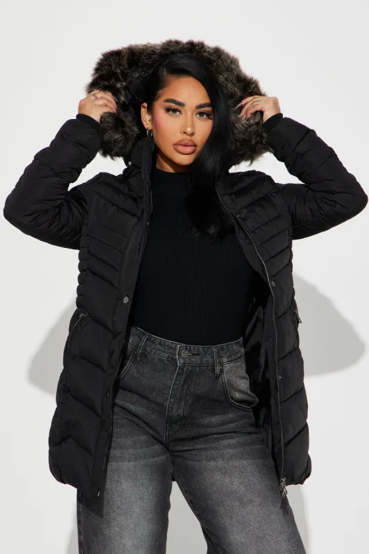Hugs In The Snow Long Puffer Jacket - Black sold by Fashion Nova