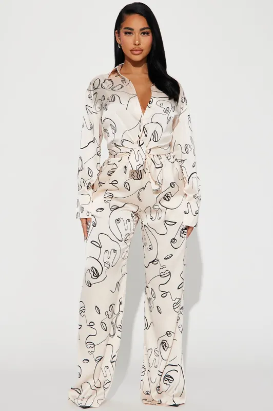 Stop Staring Satin Pant Set - Cream/combo sold by Fashion Nova