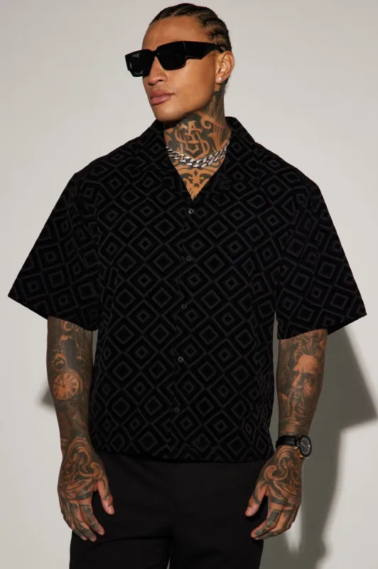 Infinite Lives Geometric Button Up Shirt - Black sold by Fashion Nova