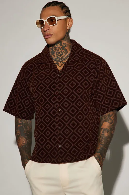 Infinite Lives Geometric Button Up Shirt - Brown sold by Fashion Nova
