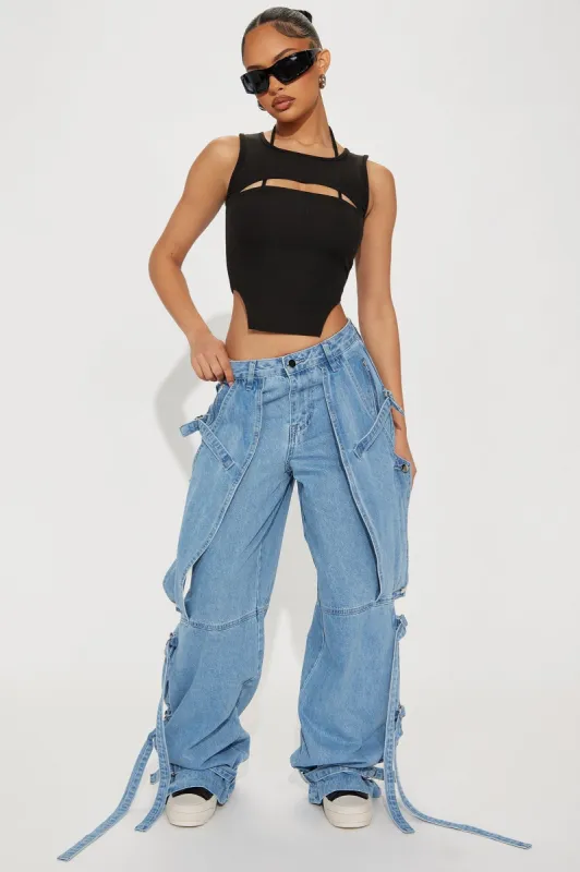 Bringing It Back Strappy Wide Leg Jeans - Medium Wash sold by Fashion Nova
