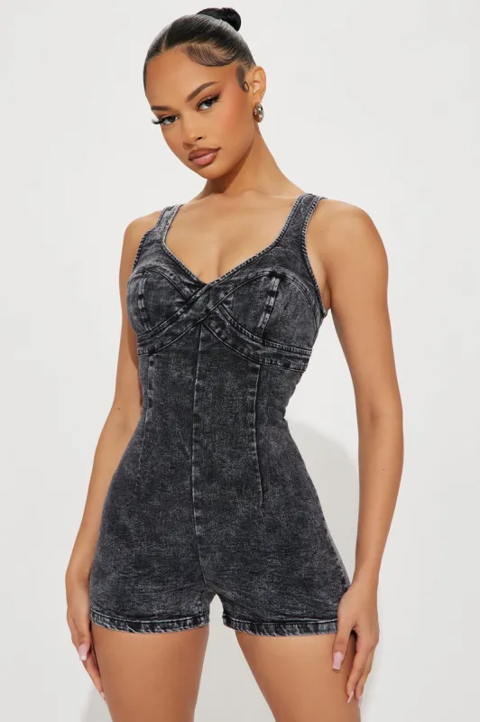 Annalise Denim Romper - Black sold by Fashion Nova