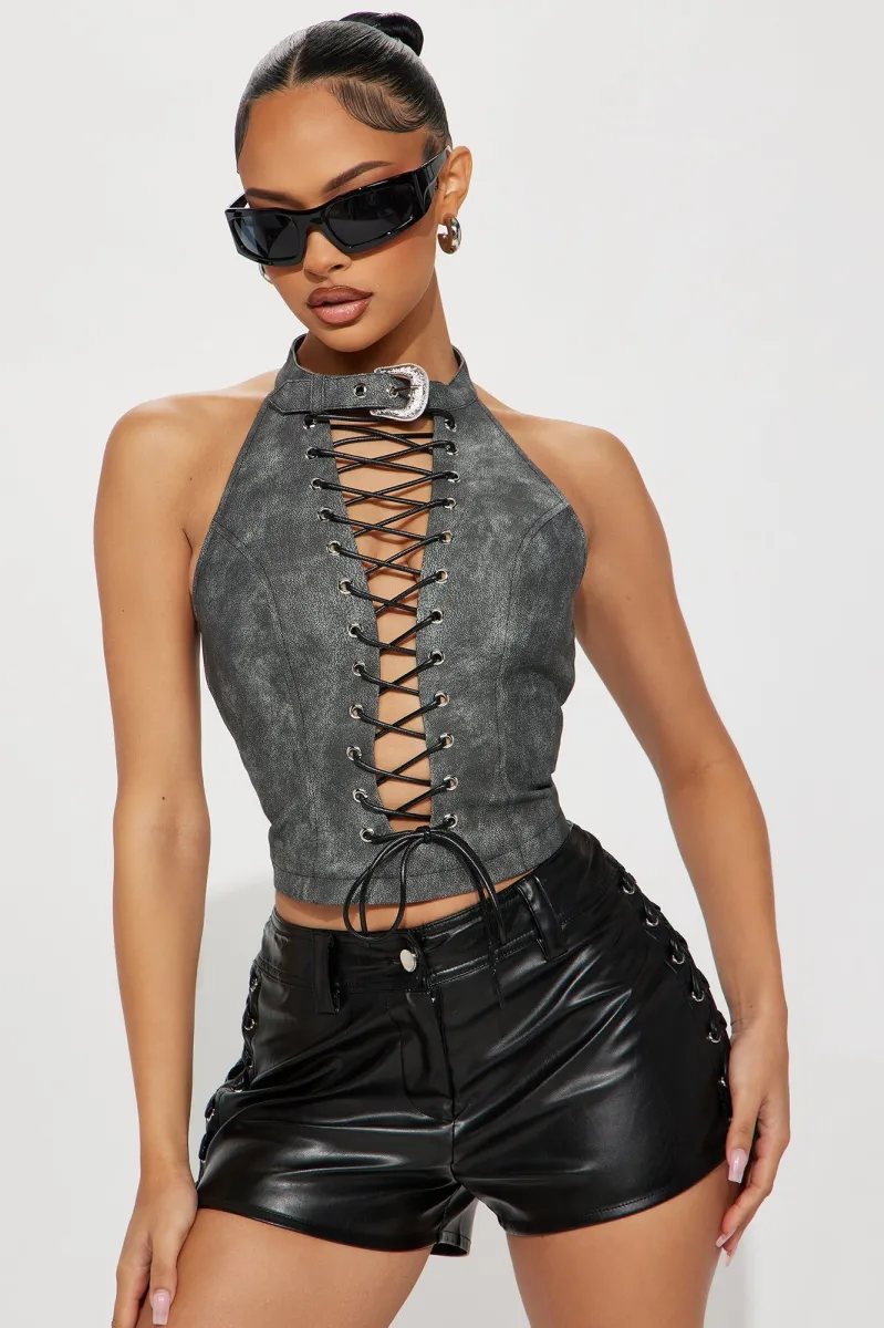 Sticks And Stones Faux Leather Corset Top - Charcoal | Parallel