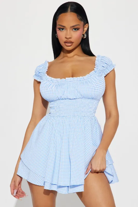 Picnic Perfect Romper - Blue/combo sold by Fashion Nova