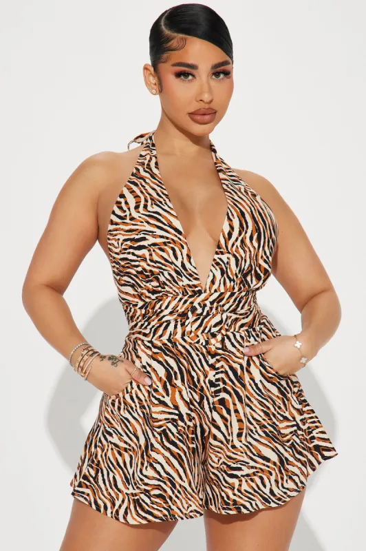 Up To Me Romper  - Brown/combo sold by Fashion Nova