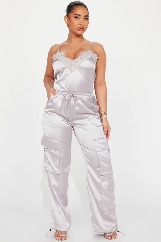 Back To You Satin Jogger Set - Grey sold by Fashion Nova