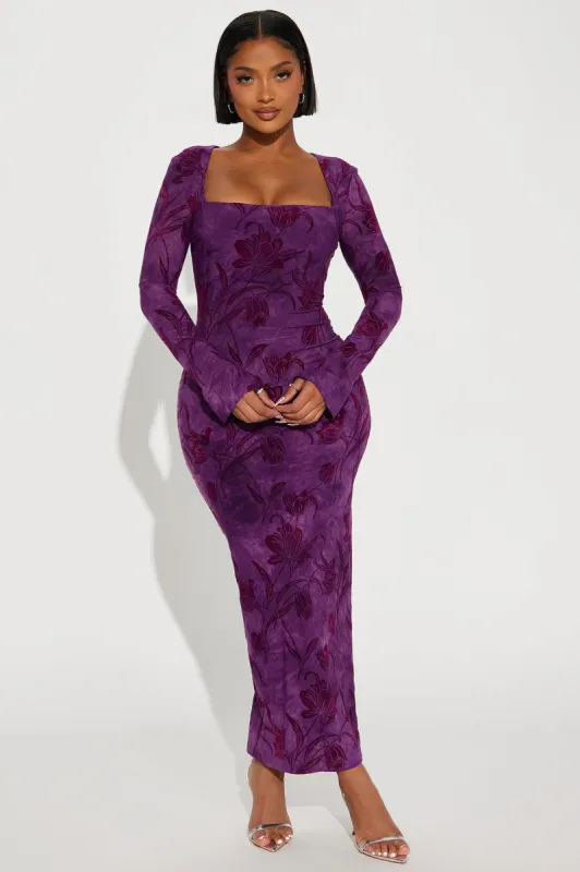 Pandora Velvet Burnout Maxi Dress - Purple sold by Fashion Nova
