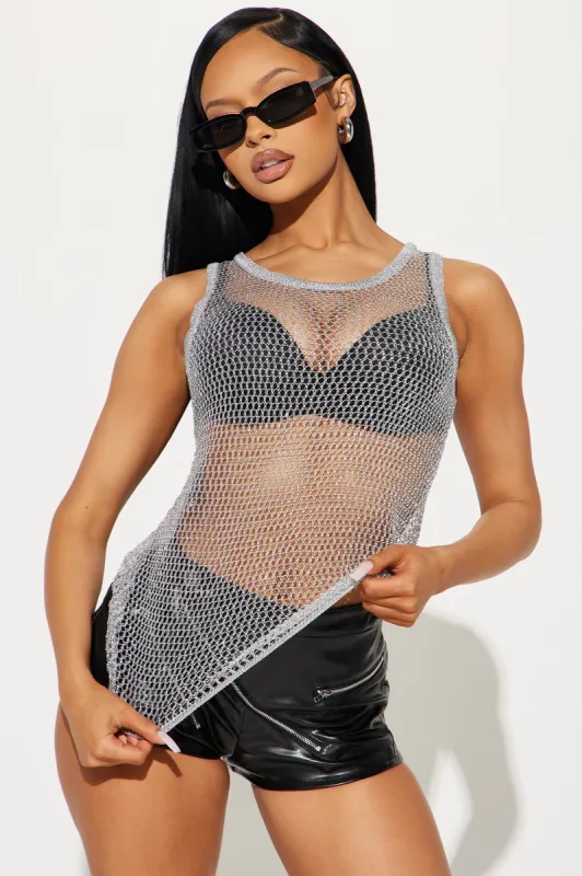 Rent Free Metallic Sweater Top  - Silver sold by Fashion Nova