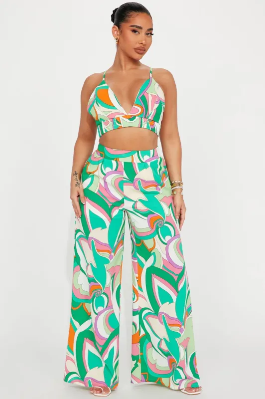 Time To Brunch Pant Set - Green/combo sold by Fashion Nova