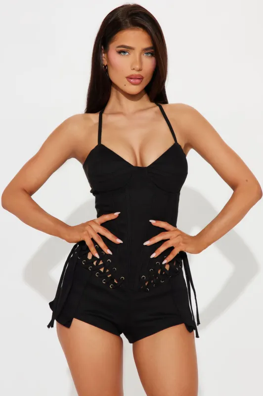 Let's Go Girls Romper - Black sold by Fashion Nova