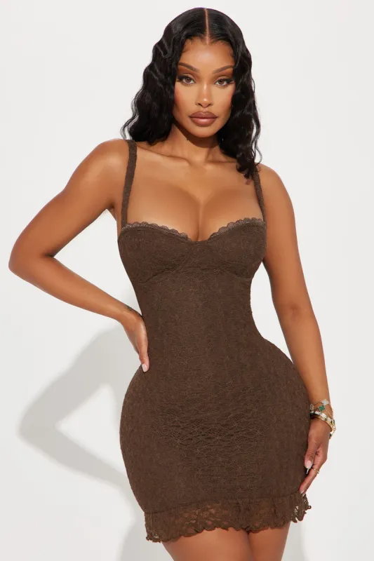 Cleo Lace Micro Mini Dress - Chocolate sold by Fashion Nova