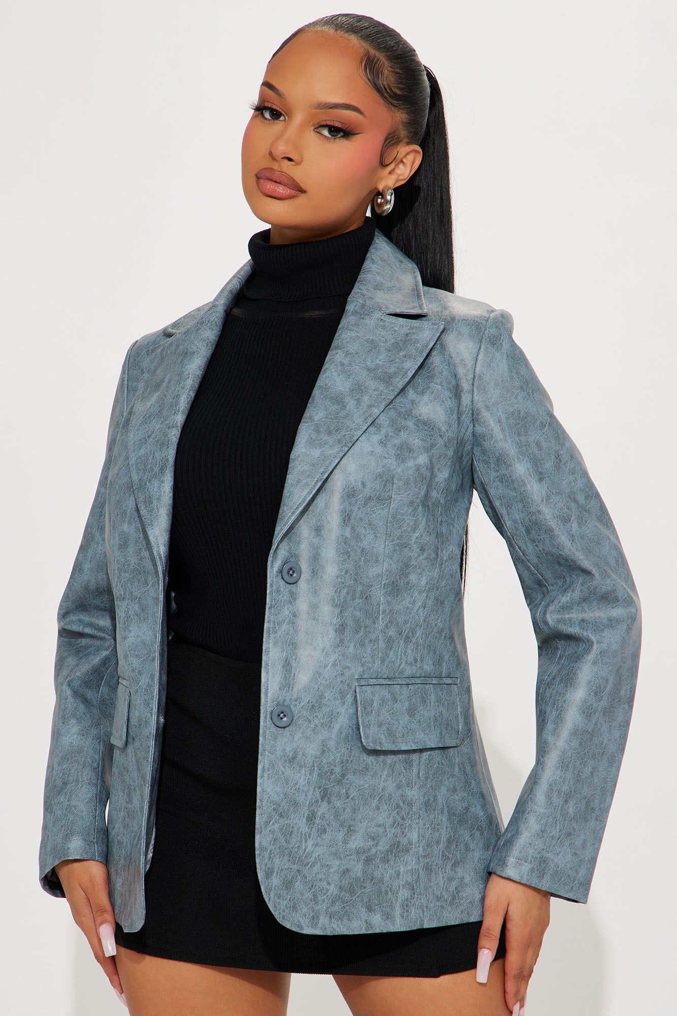 Blaire Washed Faux Leather Blazer - Blue sold by Fashion Nova