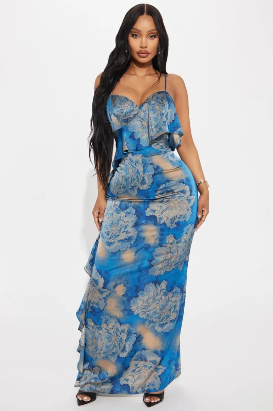 Eloise Satin Ruffle Maxi Dress - Blue sold by Fashion Nova