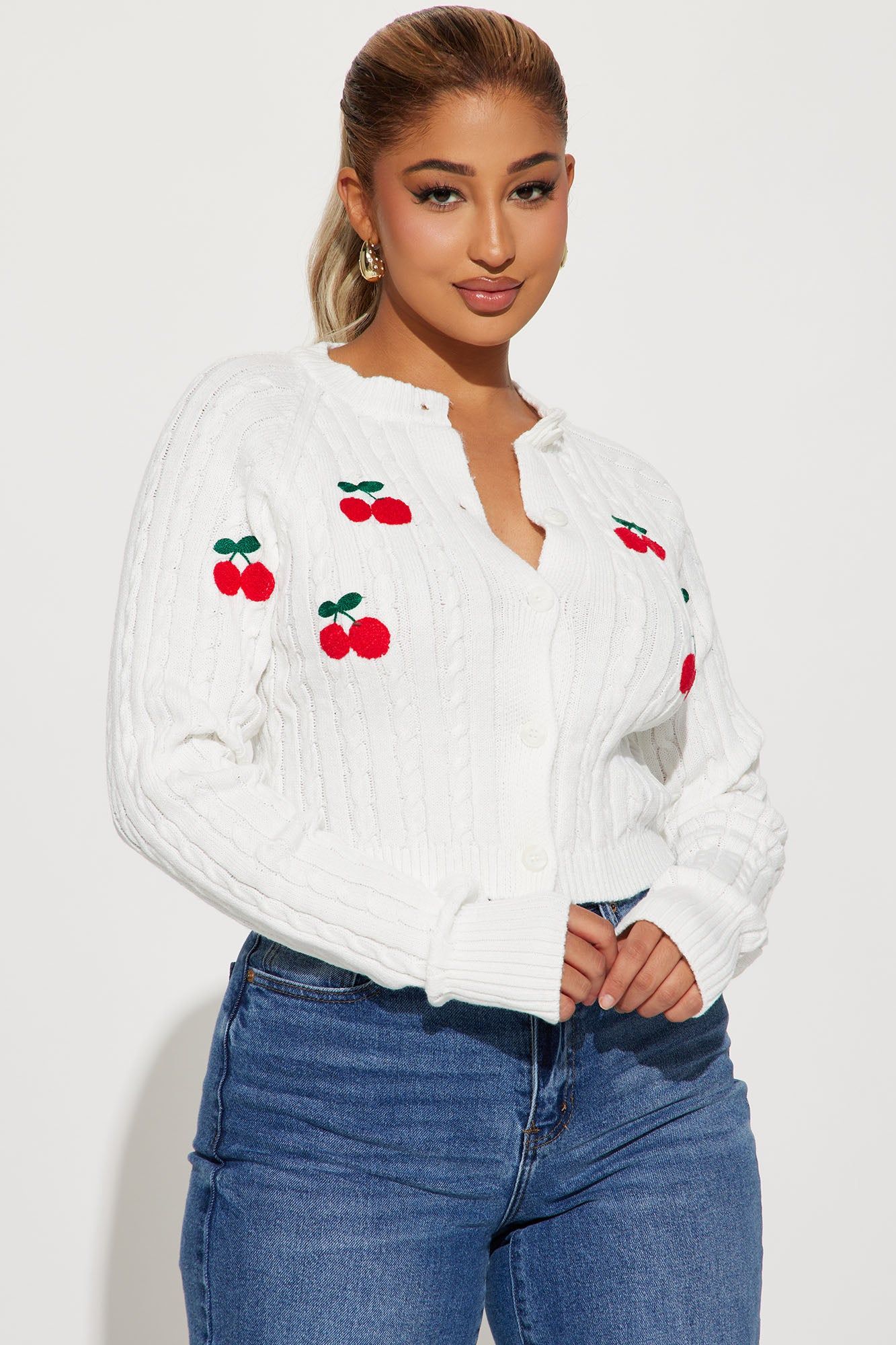 Cherry Season Cardigan - Ivory/combo sold by Fashion Nova