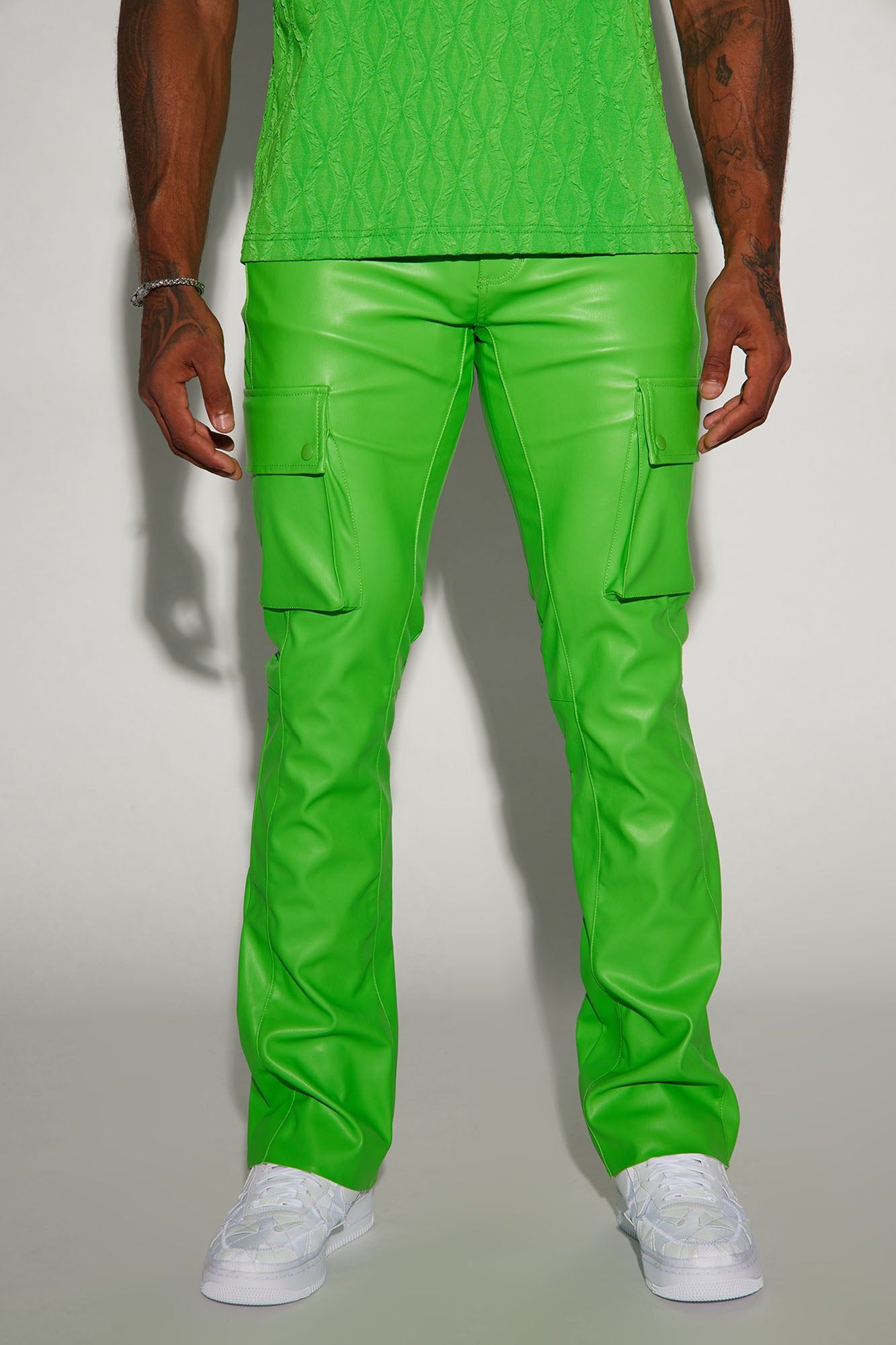 Finest Faux Leather Cargo Flare Pants - Green sold by Fashion Nova