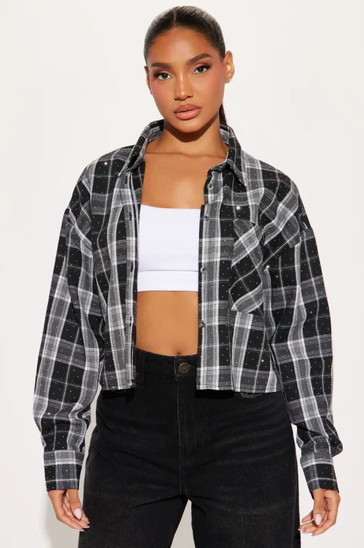 Up Close Rhinestone Plaid Shirt - Black/combo sold by Fashion Nova
