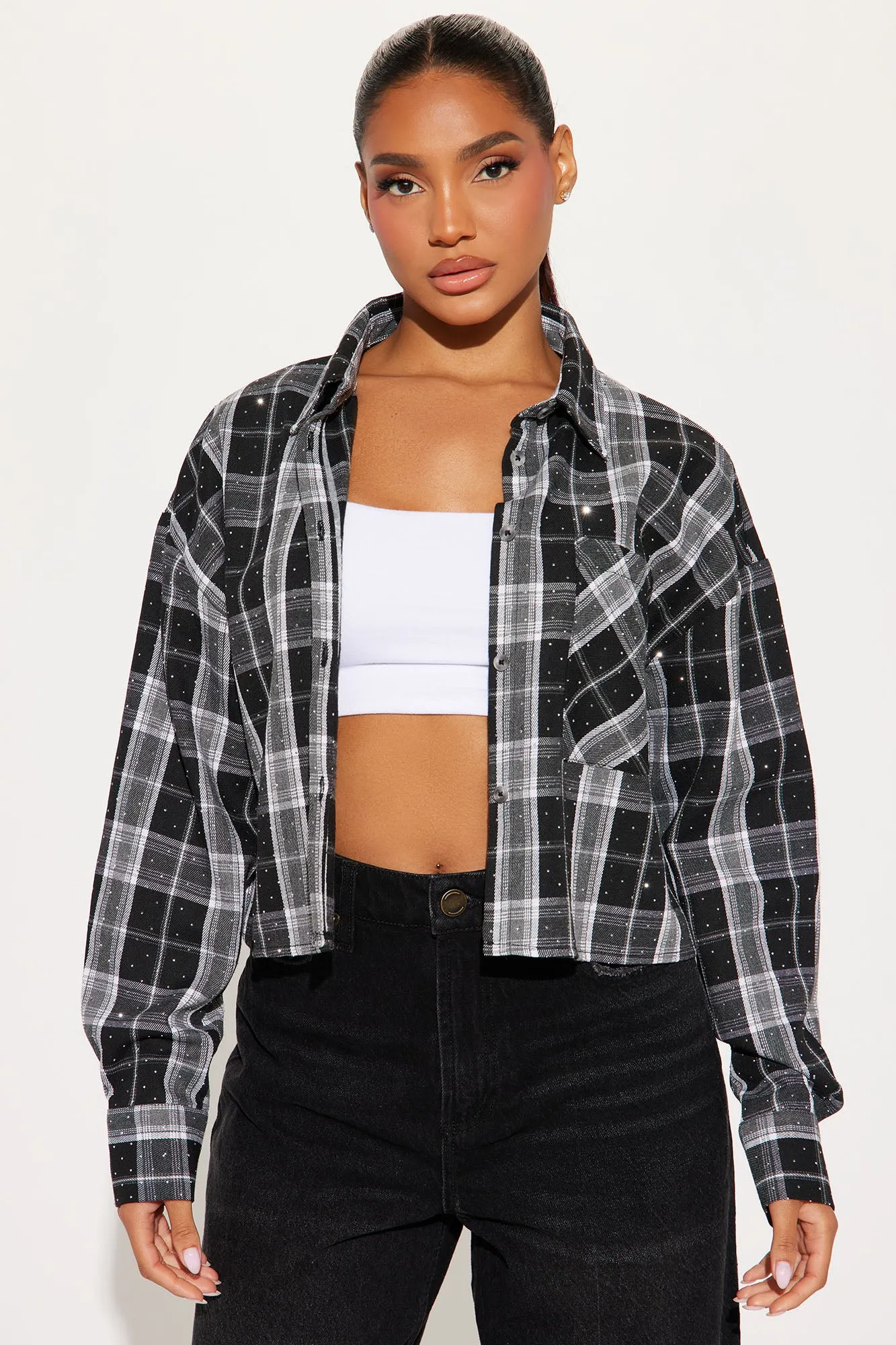 Up Close Rhinestone Plaid Shirt - Black/combo sold by Fashion Nova