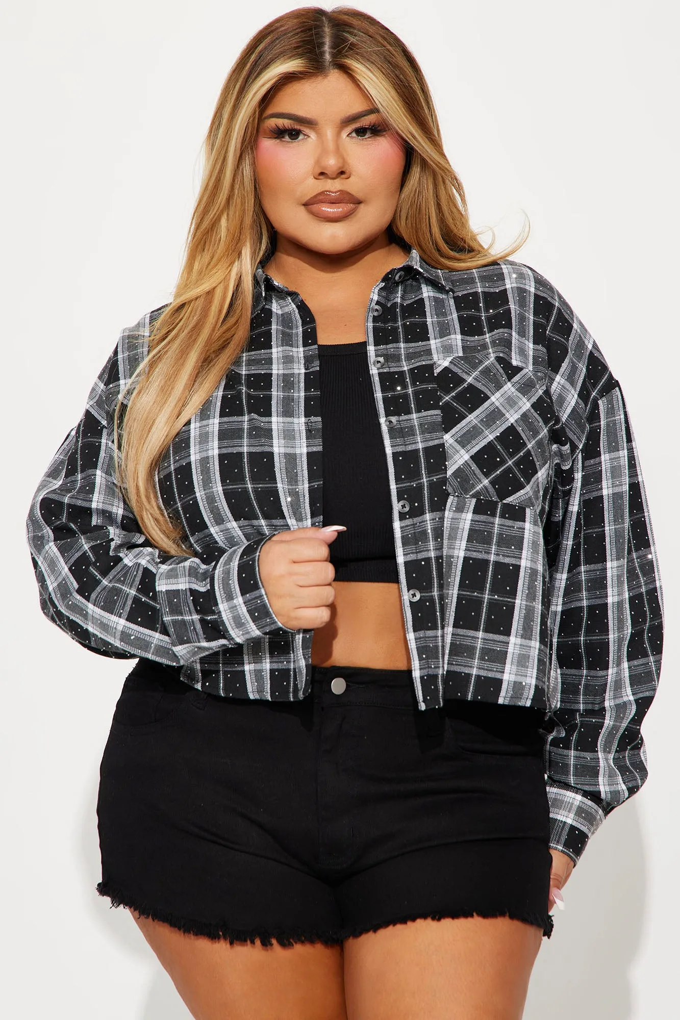 Up Close Rhinestone Plaid Shirt - Black/combo sold by Fashion Nova product image thumbnail 4