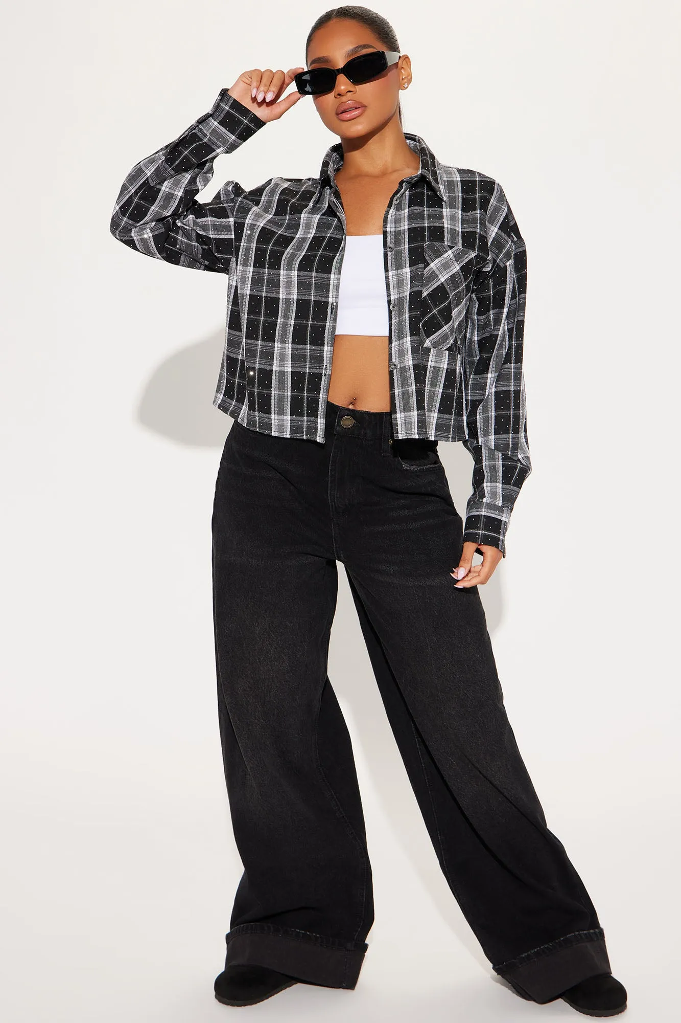Up Close Rhinestone Plaid Shirt - Black/combo sold by Fashion Nova product image thumbnail 2