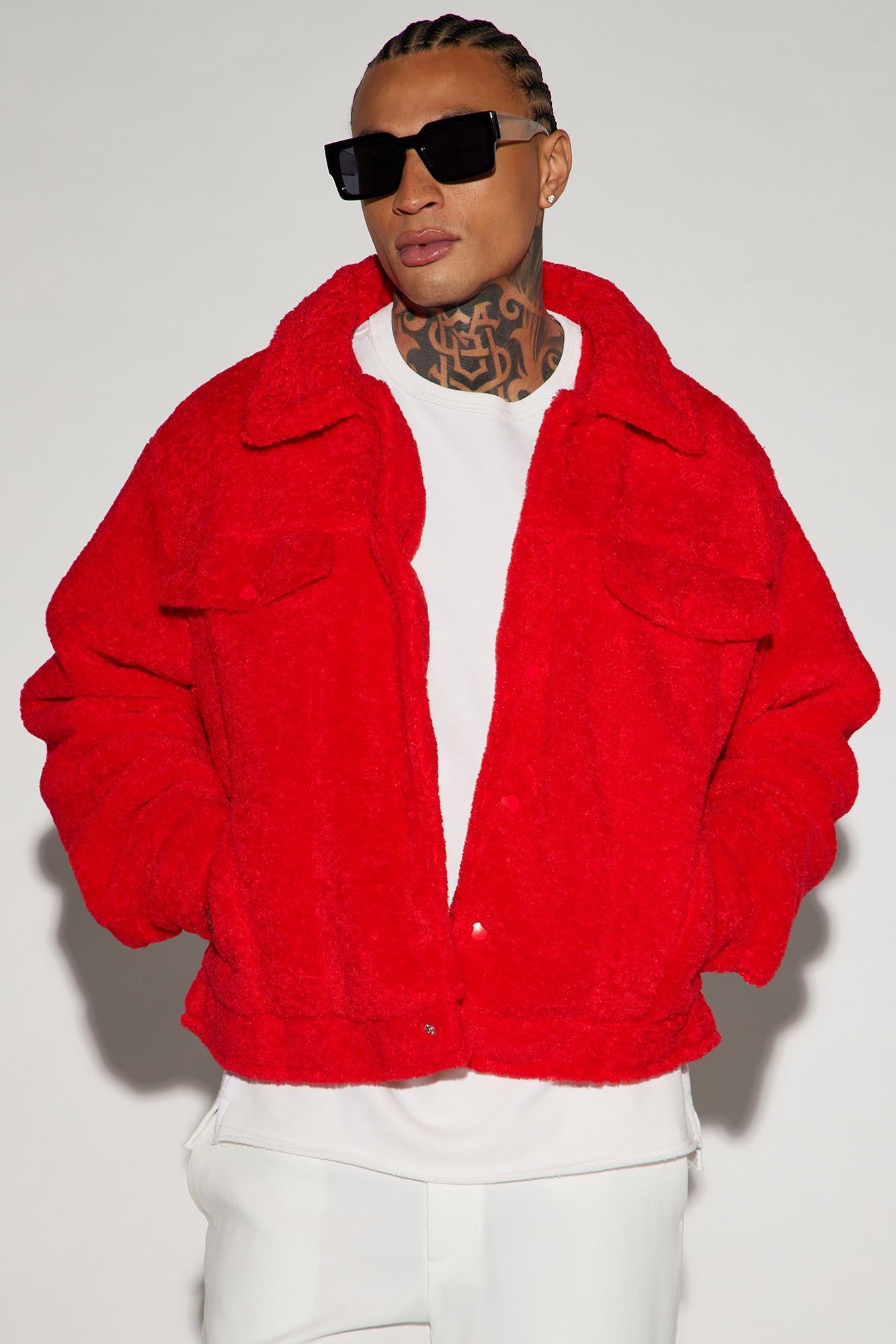 Tacoma Shearling Trucker Jacket - Red sold by Fashion Nova