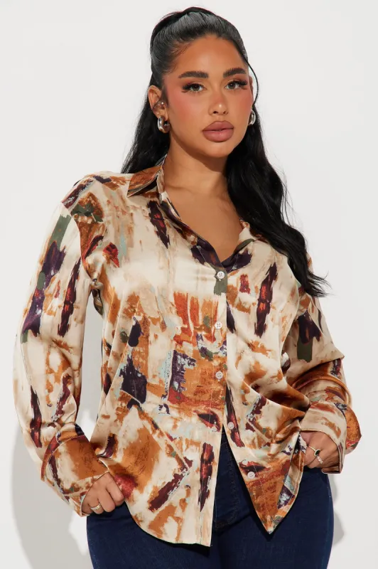 Work Crush Satin Printed Shirt  - Ivory/combo sold by Fashion Nova