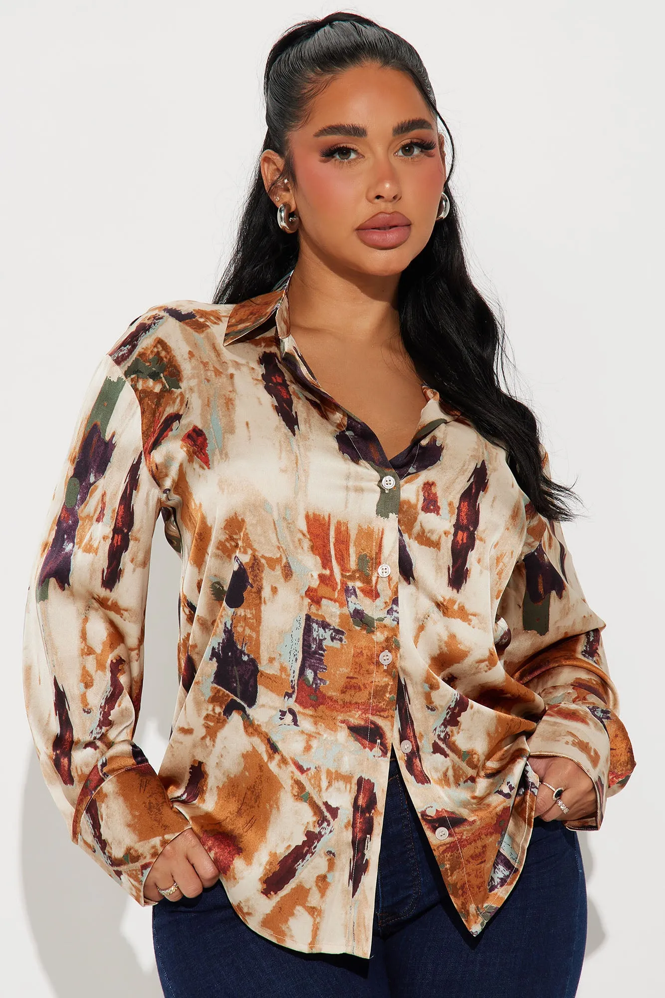 Work Crush Satin Printed Shirt - Ivory/combo sold by Fashion Nova