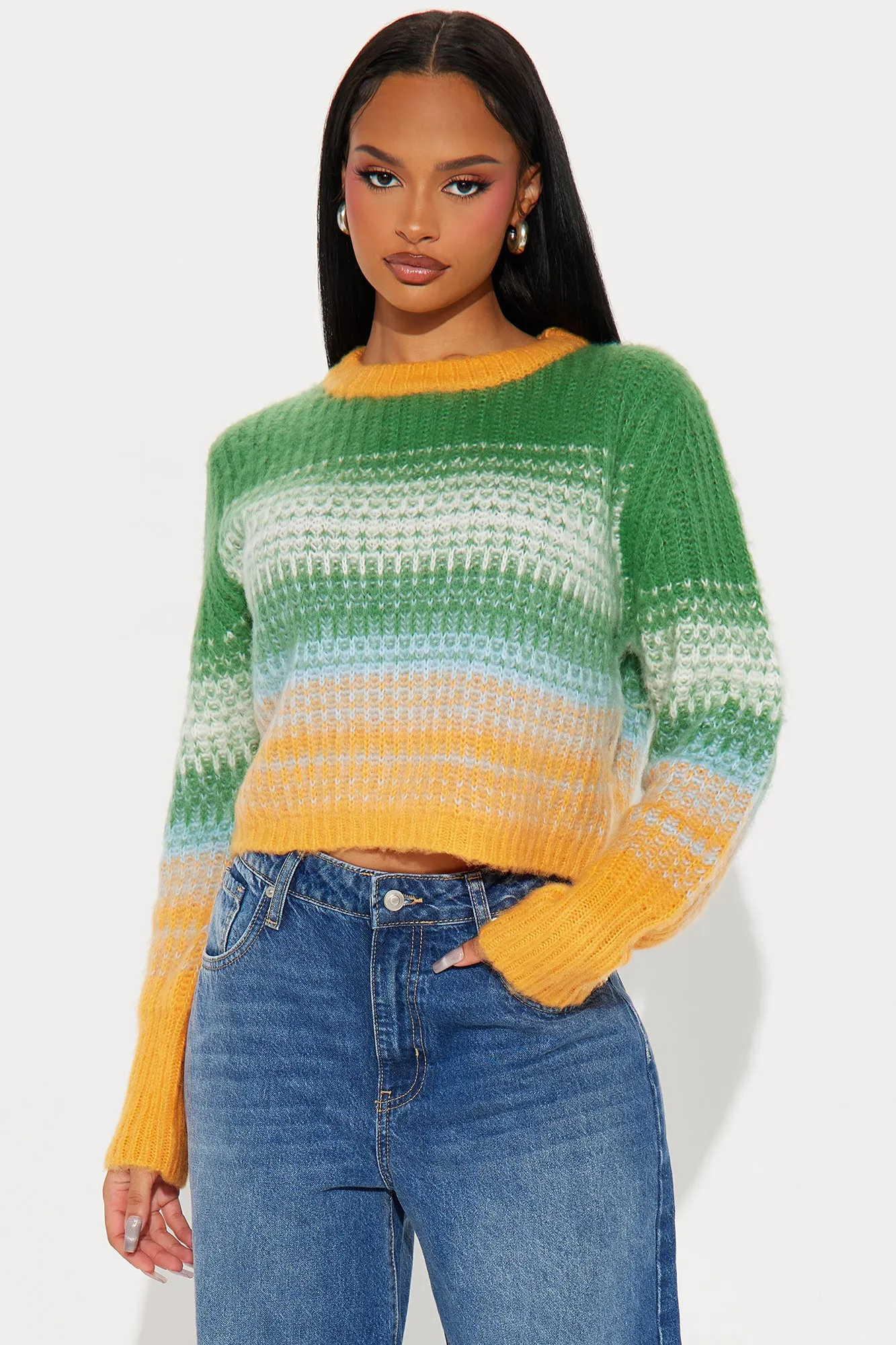 Take It Easy Cropped Sweater - Green/combo sold by Fashion Nova