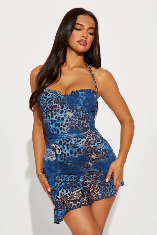 Hear Me Roar Mesh Mini Dress - Blue/combo sold by Fashion Nova