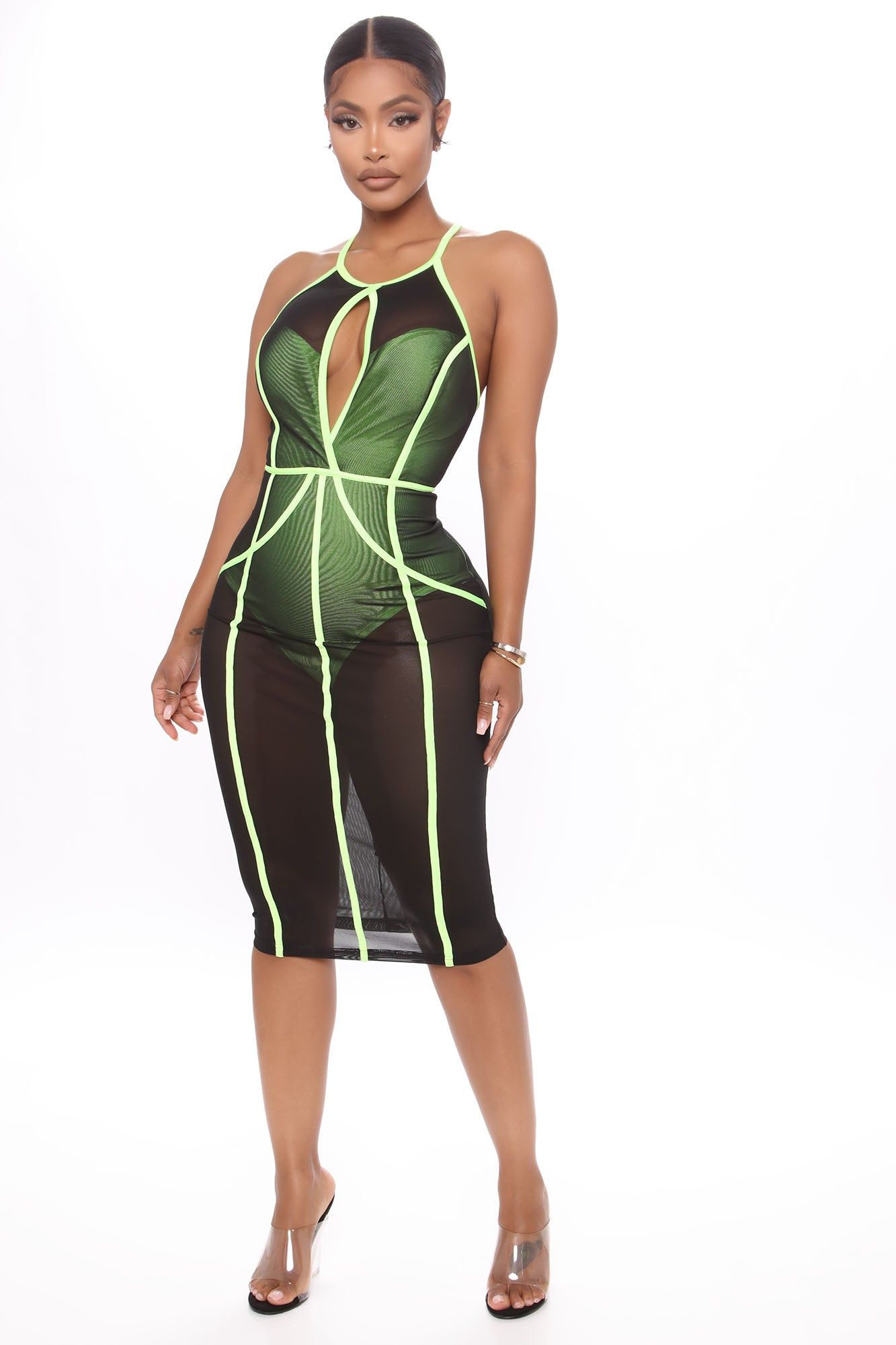 A Little Show Mesh Midi Dress - Black/combo sold by Fashion Nova