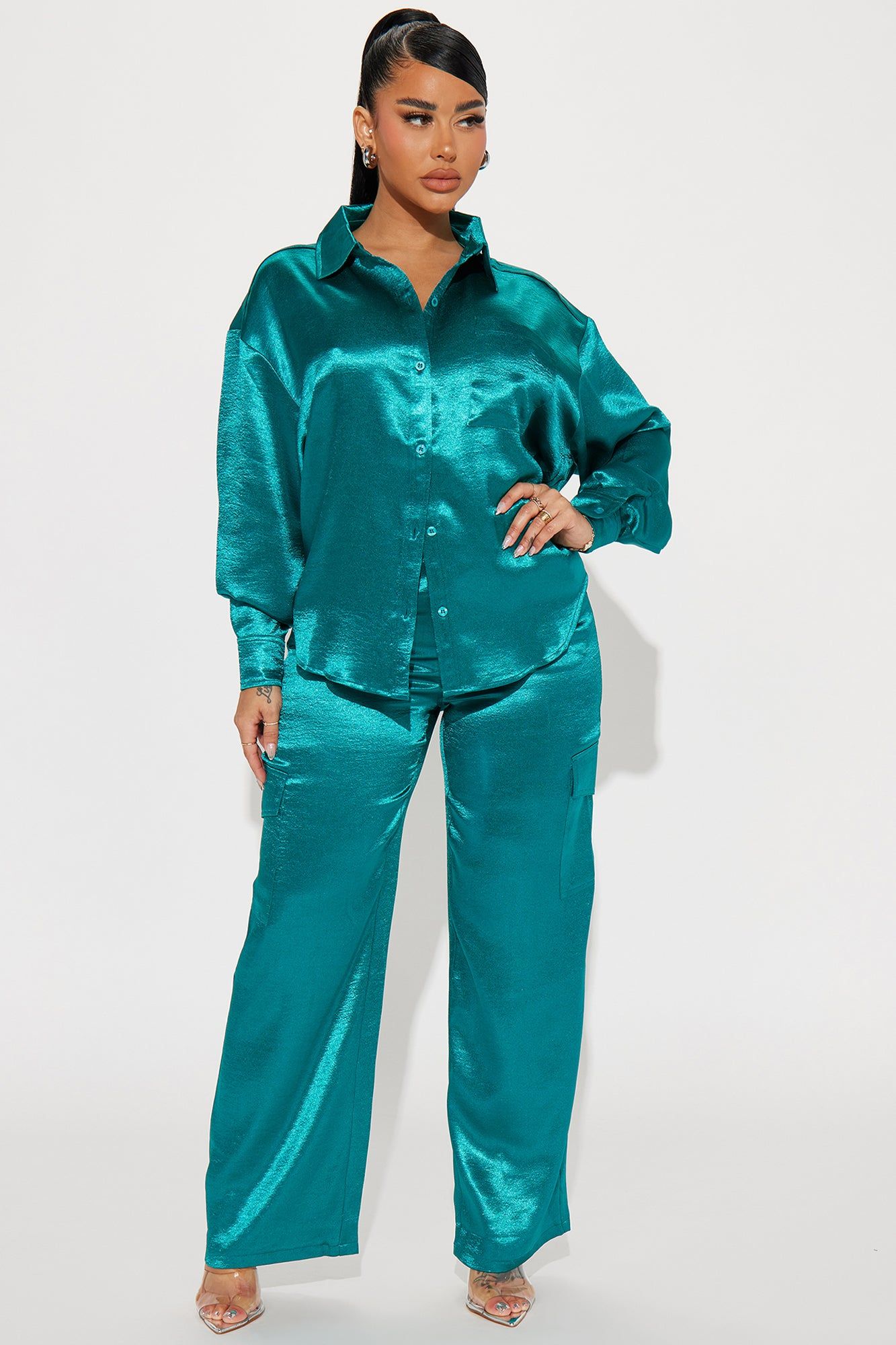 Same Girl Satin Pant Set - Teal sold by Fashion Nova