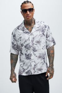 Landing Linen Shirt - White/combo sold by Fashion Nova