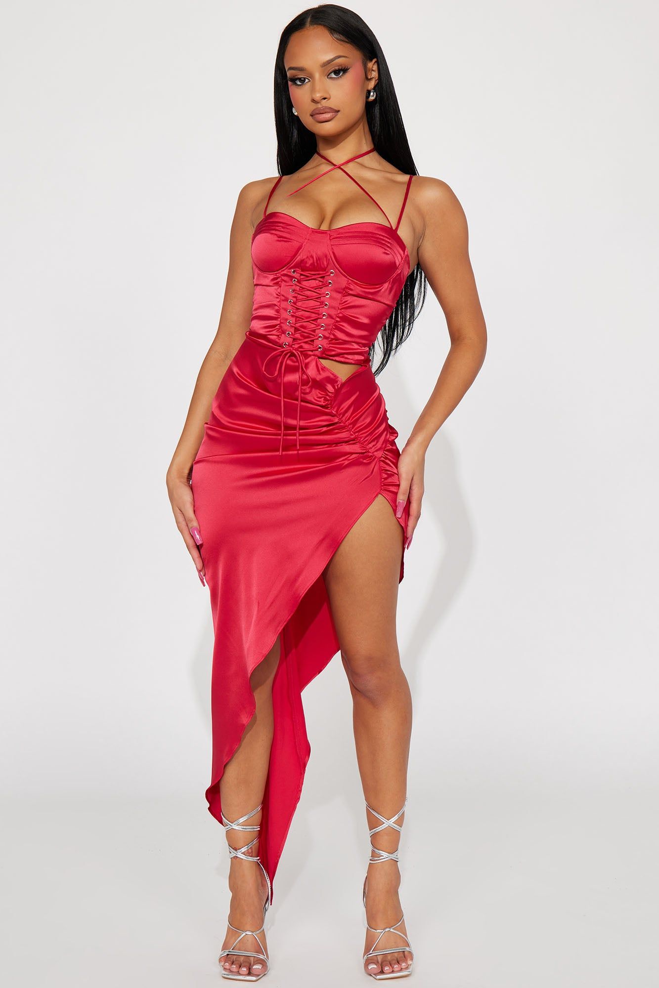 Lace Up Satin Maxi Dress - Red sold by Fashion Nova