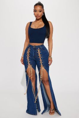 Invested Stretch Lace Up Flare Jeans - Dark Wash sold by Fashion Nova