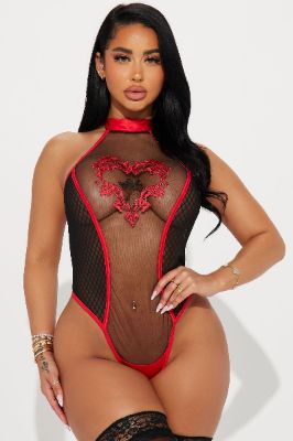 Tainted Love Mesh Embroidered Teddy - Black/Red sold by Fashion Nova