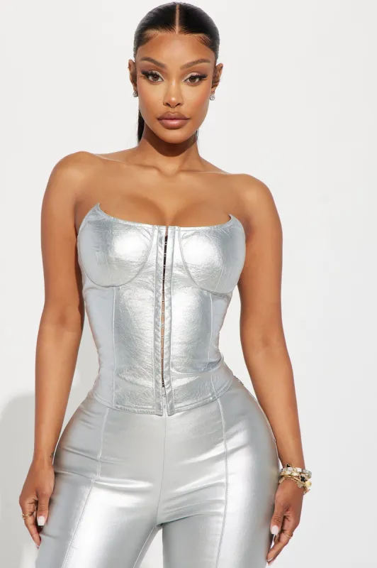 Never Too Extra Metallic Corset Top - Silver sold by Fashion Nova
