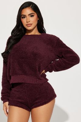 Staying Cozy Sherpa PJ Short Set - Burgundy sold by Fashion Nova