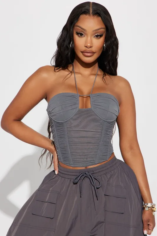 Mia Mesh Corset Top - Charcoal sold by Fashion Nova