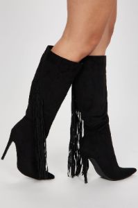 Very Inspired Knee High Fringe Boots - Black sold by Fashion Nova