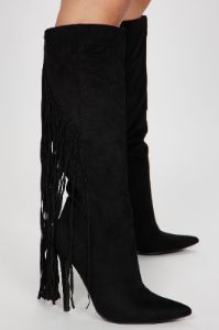 Very Inspired Knee High Fringe Boots - Black sold by Fashion Nova