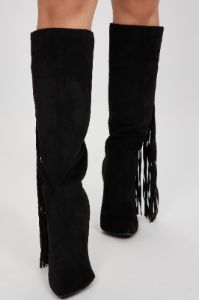 Very Inspired Knee High Fringe Boots - Black sold by Fashion Nova