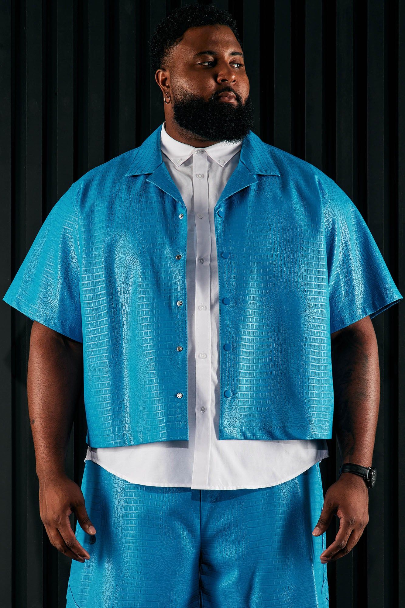 Gotta Run Faux Croc Leather Cropped Button Up Shirt - Blue sold by Fashion Nova product image thumbnail 4