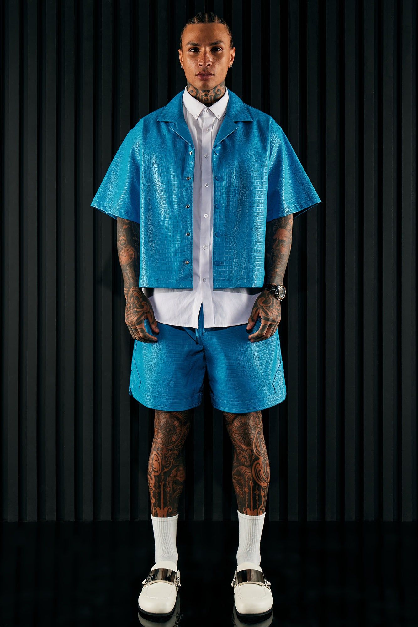 Gotta Run Faux Croc Leather Cropped Button Up Shirt - Blue sold by Fashion Nova product image thumbnail 2