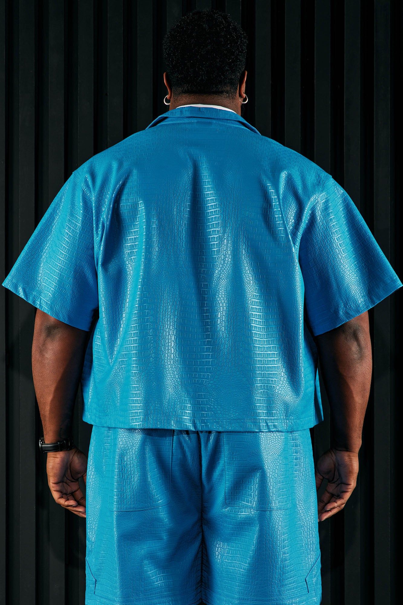 Gotta Run Faux Croc Leather Cropped Button Up Shirt - Blue sold by Fashion Nova product image thumbnail 6