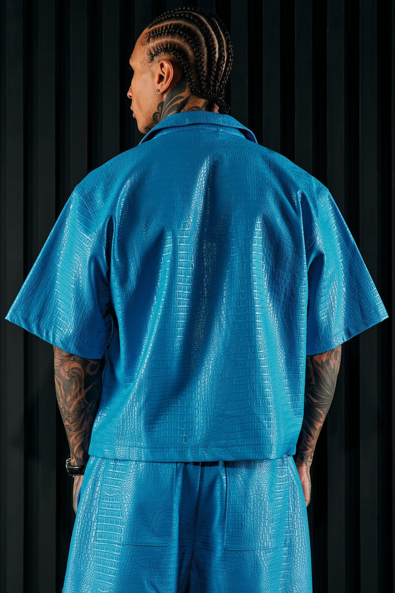 Gotta Run Faux Croc Leather Cropped Button Up Shirt - Blue sold by Fashion Nova product image thumbnail 3