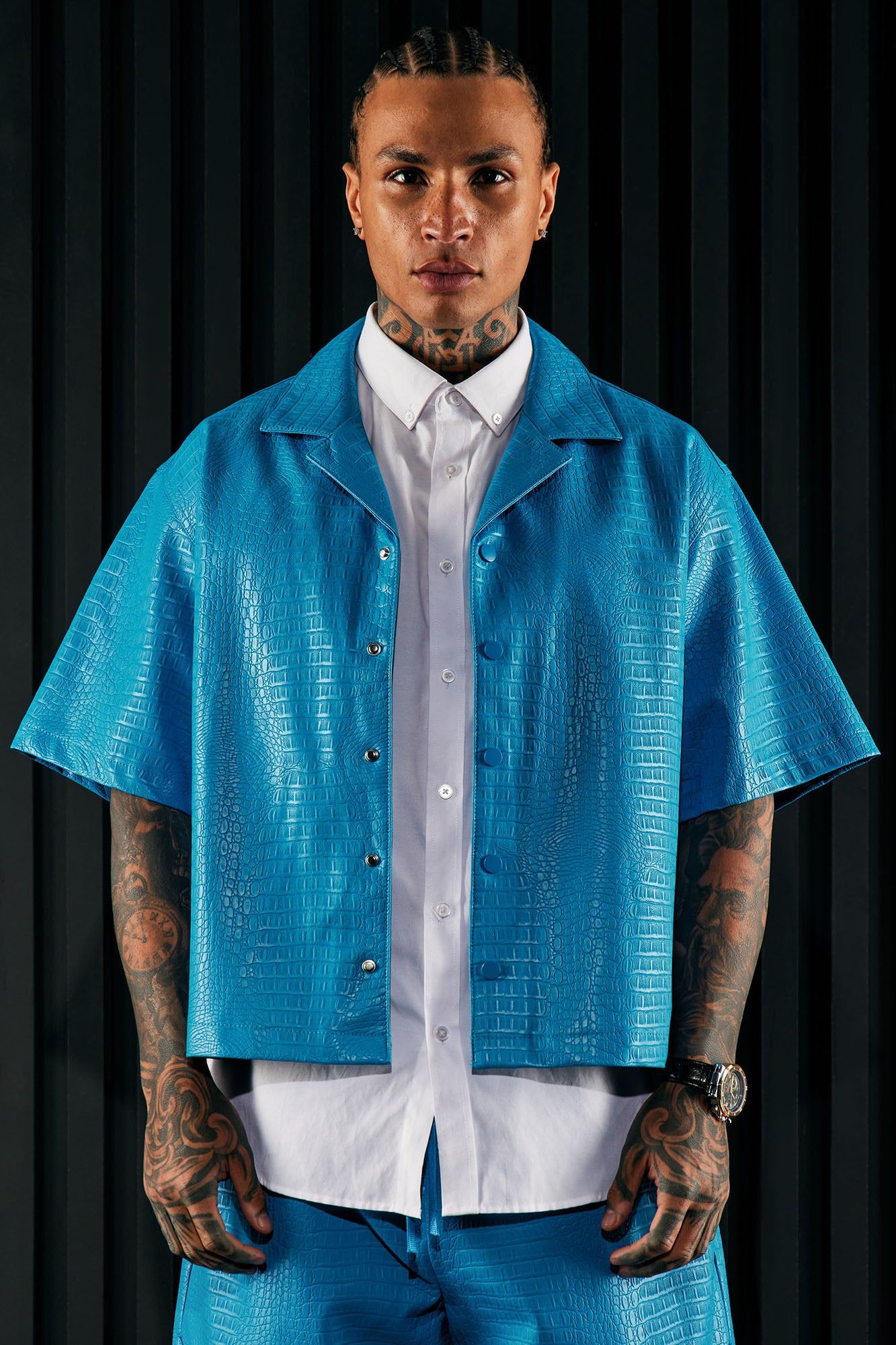 Gotta Run Faux Croc Leather Cropped Button Up Shirt - Blue sold by Fashion Nova